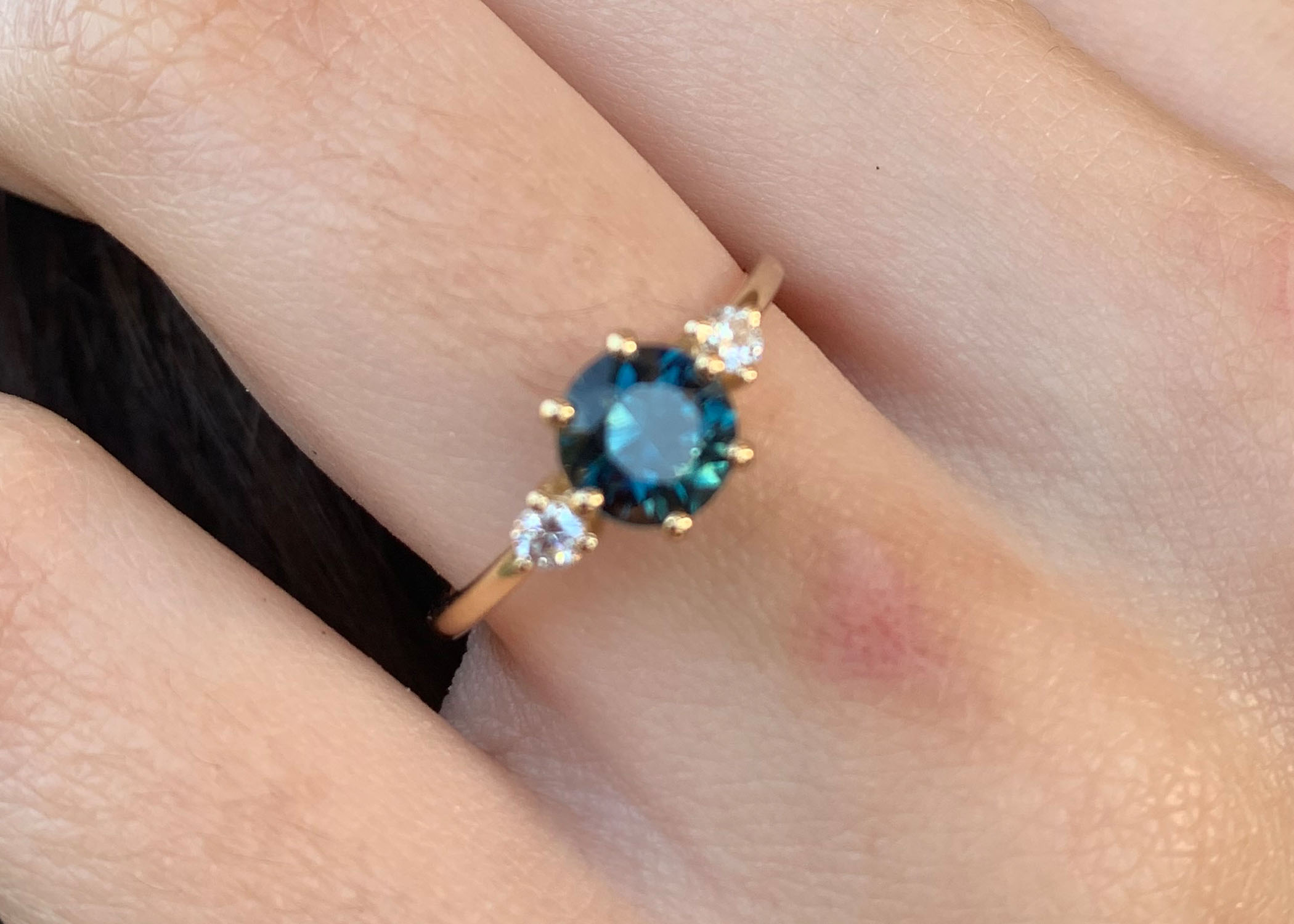 Aviana Three Stone Teal Blue Green Sapphire and Diamond Rose Gold Engagement Ring - Image 4