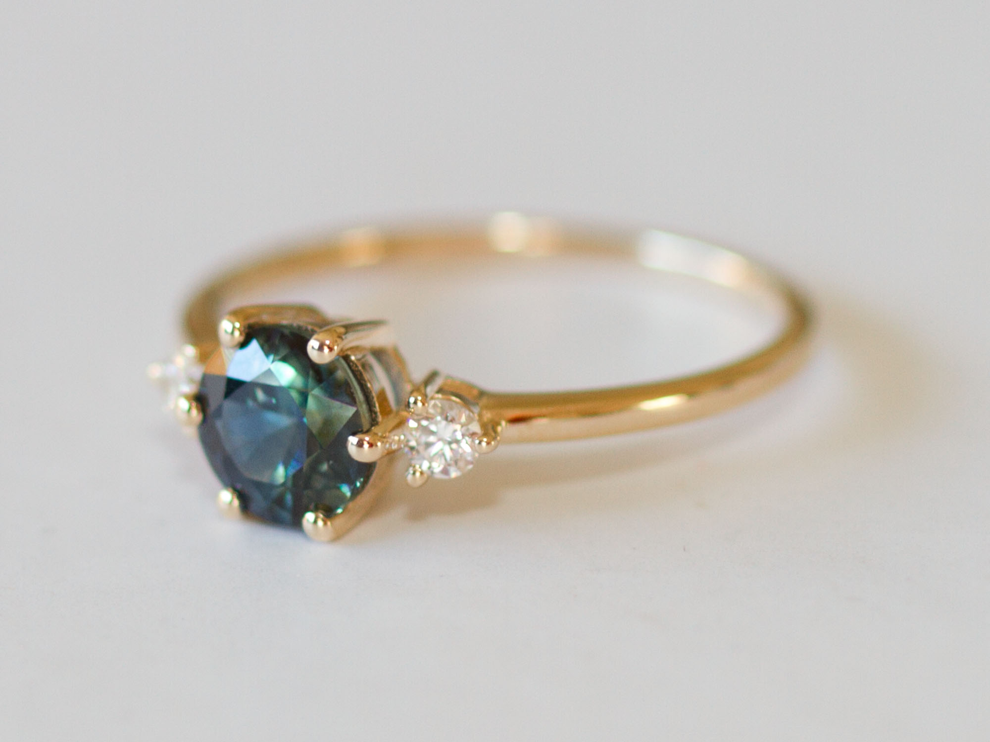 Aviana Three Stone Teal Blue Green Sapphire and Diamond Rose Gold Engagement Ring - Image 2