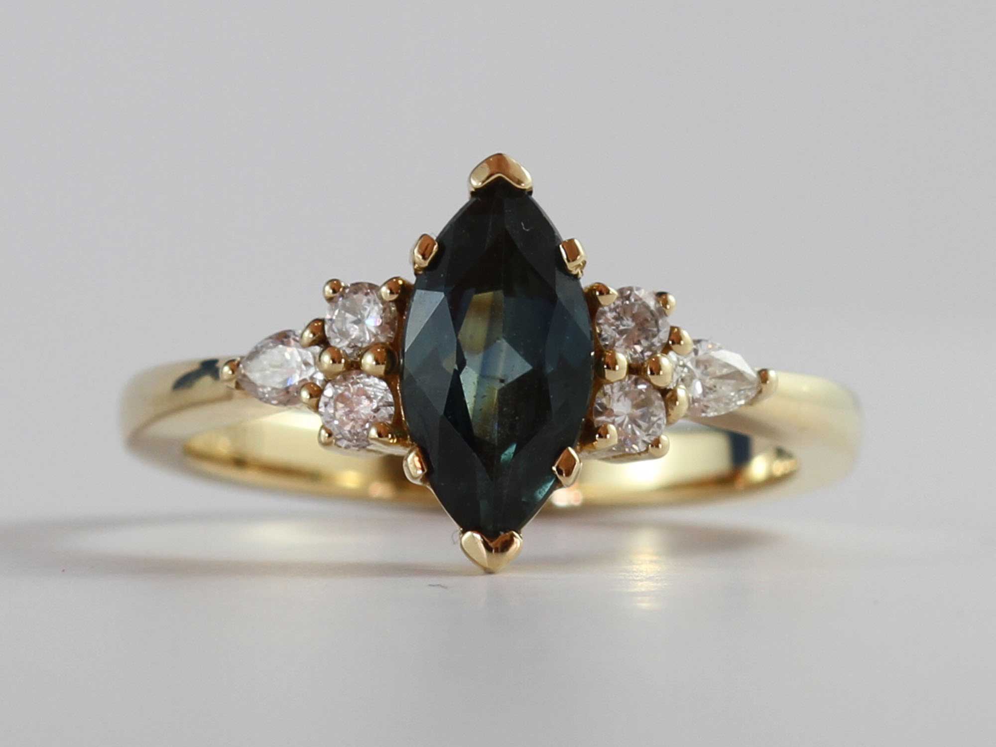 green marquise ring | custom made gemstone ring | divine elements