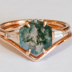 Hexagon Moss Agate and diamond ring set