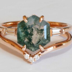Hexagon Moss Agate and diamond ring set