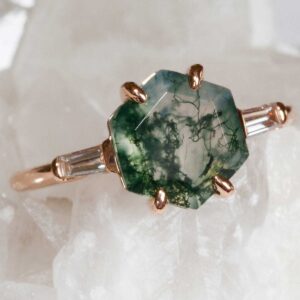 Hexagon Moss Agate and diamond ring