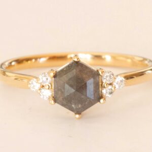 Heexagon salt and pepper diamond engagement ring