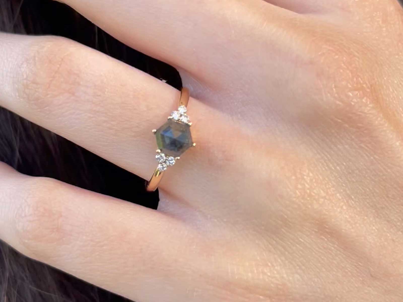 Geometric hexagon salt and pepper diamond engagement ring