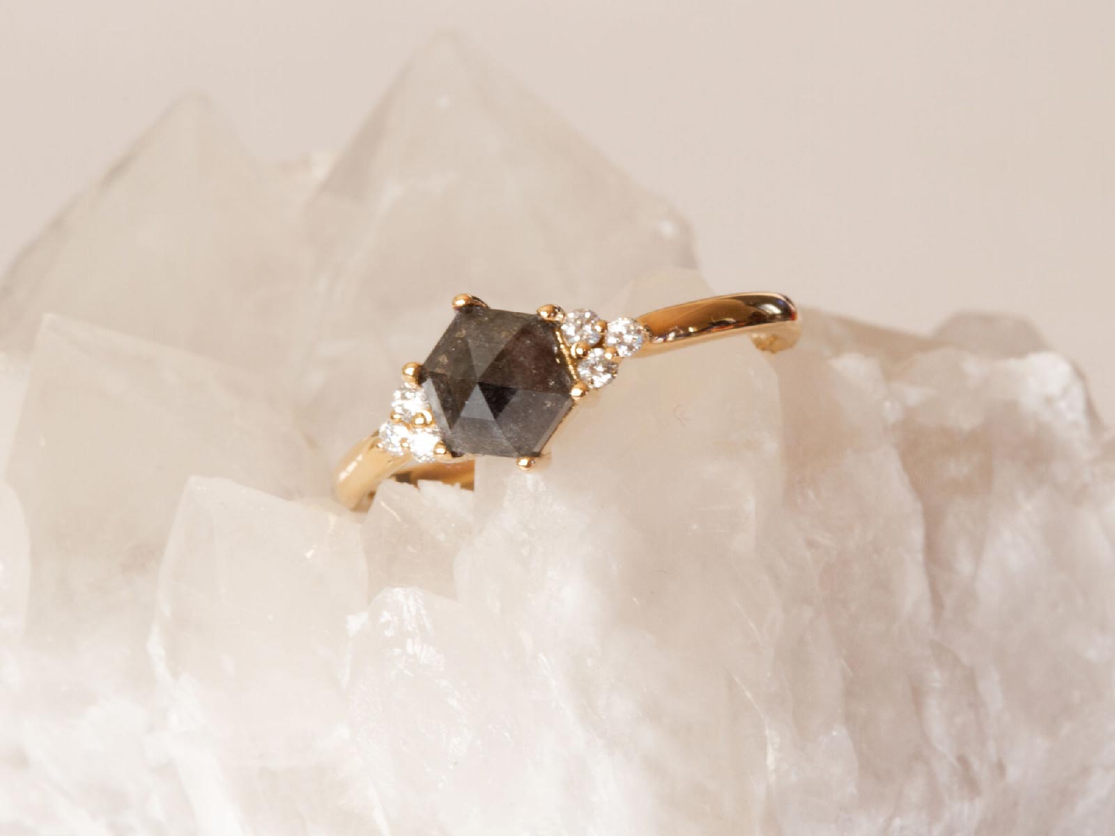 Geometric hexagon salt and pepper diamond engagement ring - Savia