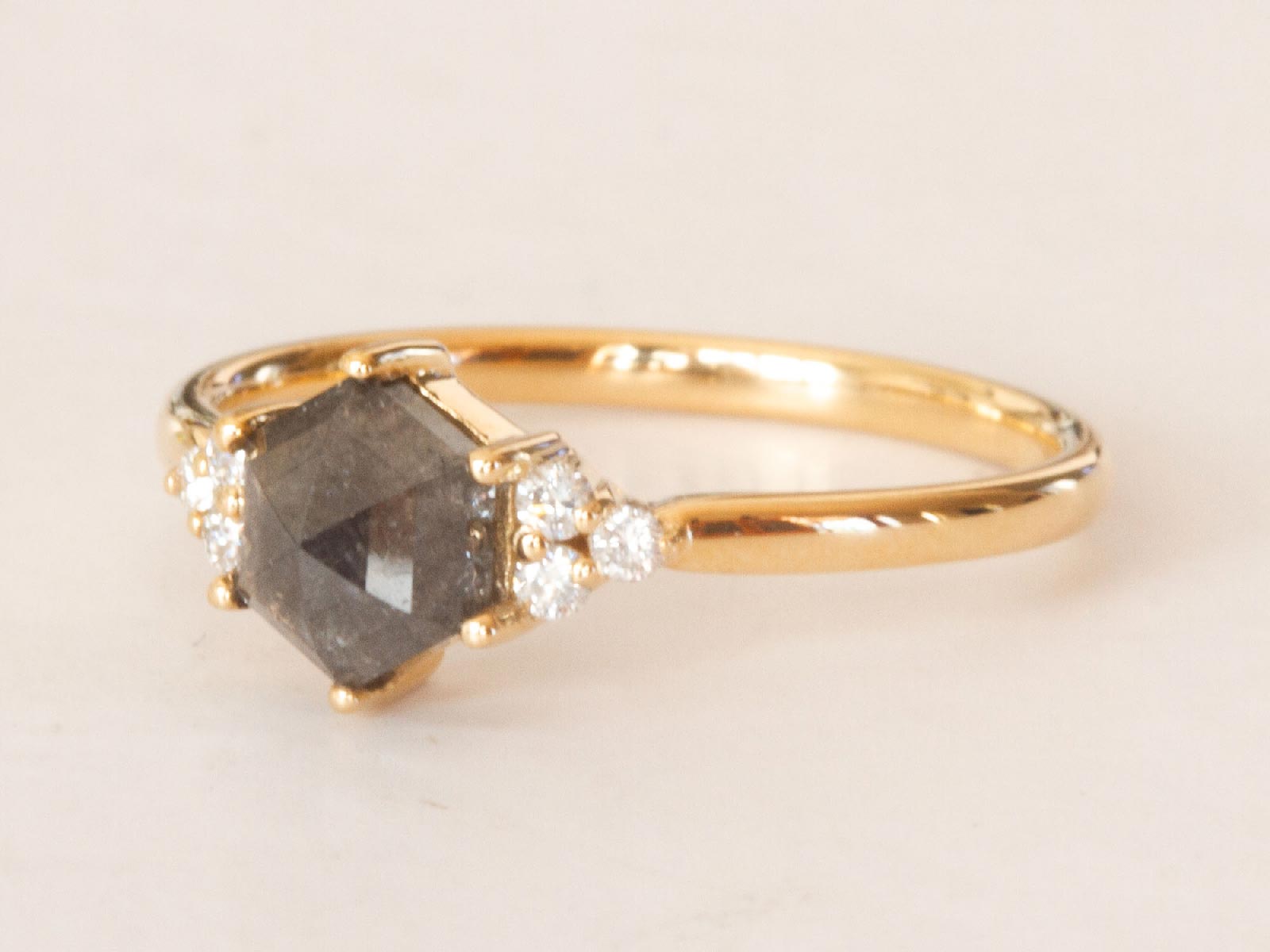 Geometric hexagon salt and pepper diamond engagement ring