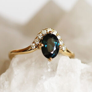 Oval Australian Teal Sapphire and Diamond Gold Ring - Mila